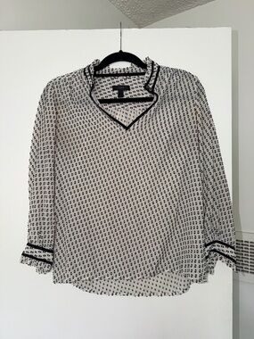 J. Crew Black and White Printed V-Neck Blouse